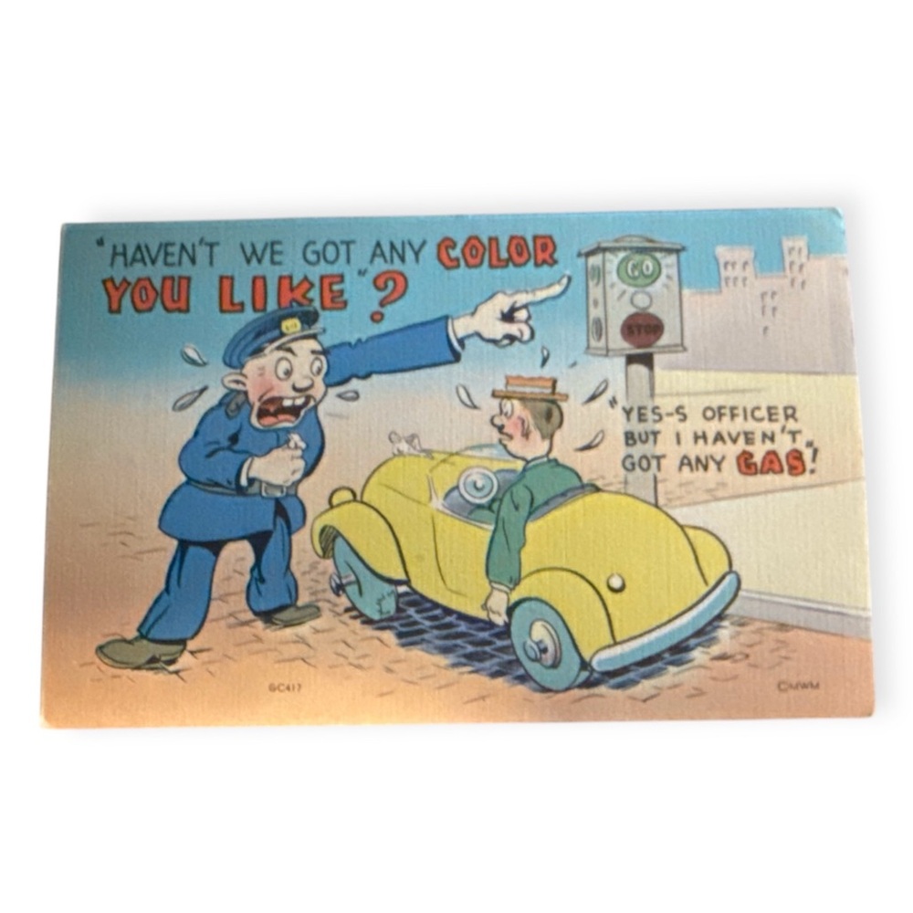 Vintage 1940’s Humor Linen Postcard, Yelling Angry Traffic Cop